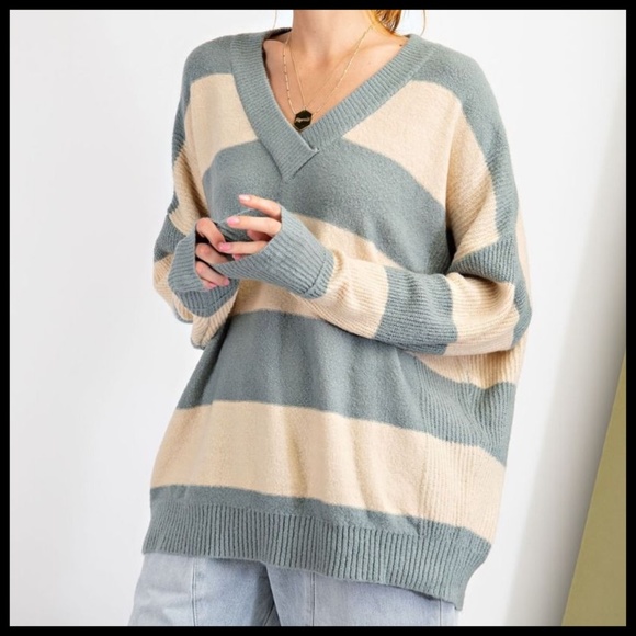 EASEL Wide Striped Sweater Ribbed Hems Wide Neckline Long Loose Fit Tunic Style - Picture 3 of 14